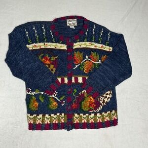 Vintage Heirloom Collectibles Blue Knit Cardigan Sweater Sz S Autumn Leaves